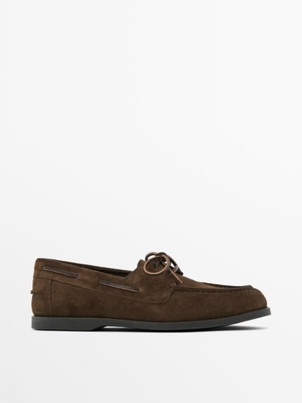 Split suede deck shoes with moc toe brown